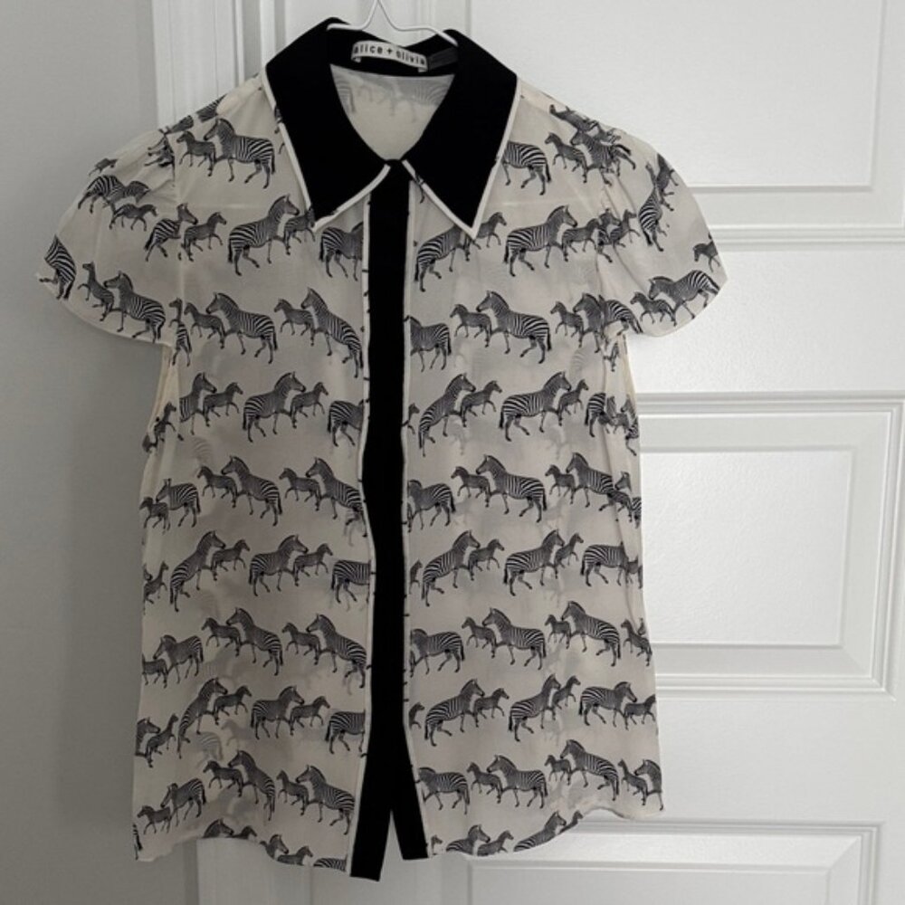 Alice + Olivia Latrina Zebra Print Antique White Silk Blouse